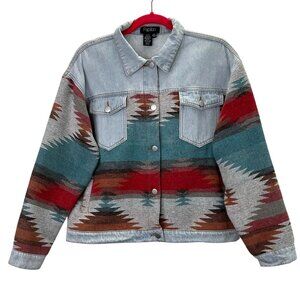 Papillon Aztec Southwestern Jean Jacket Coat S Turquoise Rust Western Festival